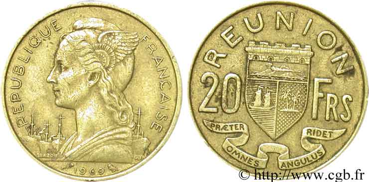ÎLE DE LA RÉUNION 20 Francs Marianne / armes 1969 Paris TTB 