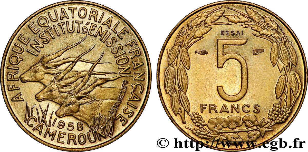 AFRIQUE ÉQUATORIALE FRANÇAISE - CAMEROUN Essai de 5 Francs 1958 Paris SPL