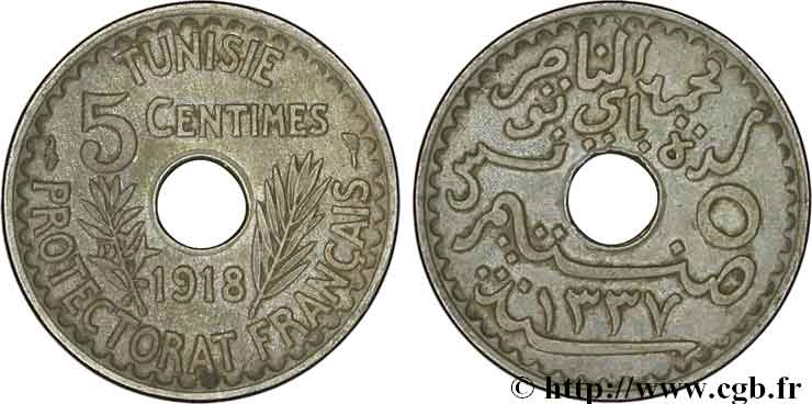 TUNISIE - PROTECTORAT FRANÇAIS 5 Centimes AH 1337 1918 Paris SUP 