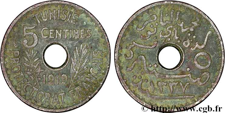 TUNISIA - French protectorate 5 Centimes AH 1337 1919 Paris VF 