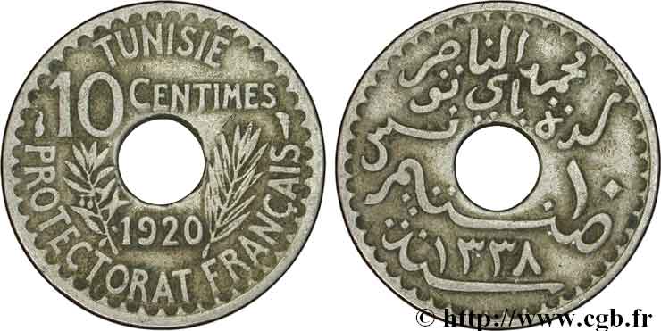TUNISIE - PROTECTORAT FRANÇAIS 10 Centimes AH1338 1920 Paris TB 