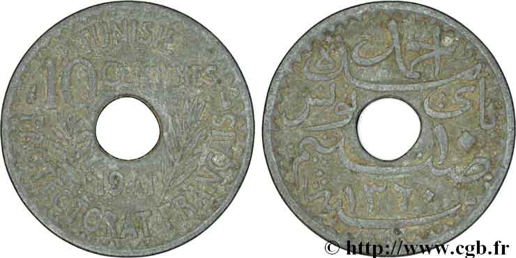 TUNESIEN - Französische Protektorate  10 Centimes AH 1360 1941 Paris S 