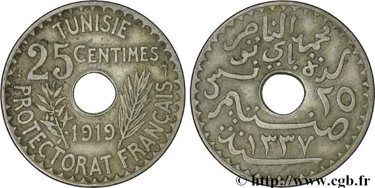 TUNISIA - FRENCH PROTECTORATE 25 Centimes AH1337 1919 Paris XF 