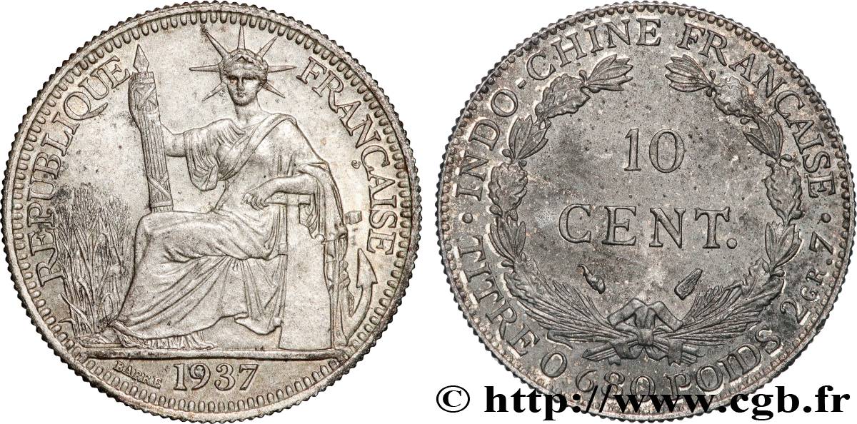 INDOCHINE FRANÇAISE 10 Centièmes 1937 Paris SPL