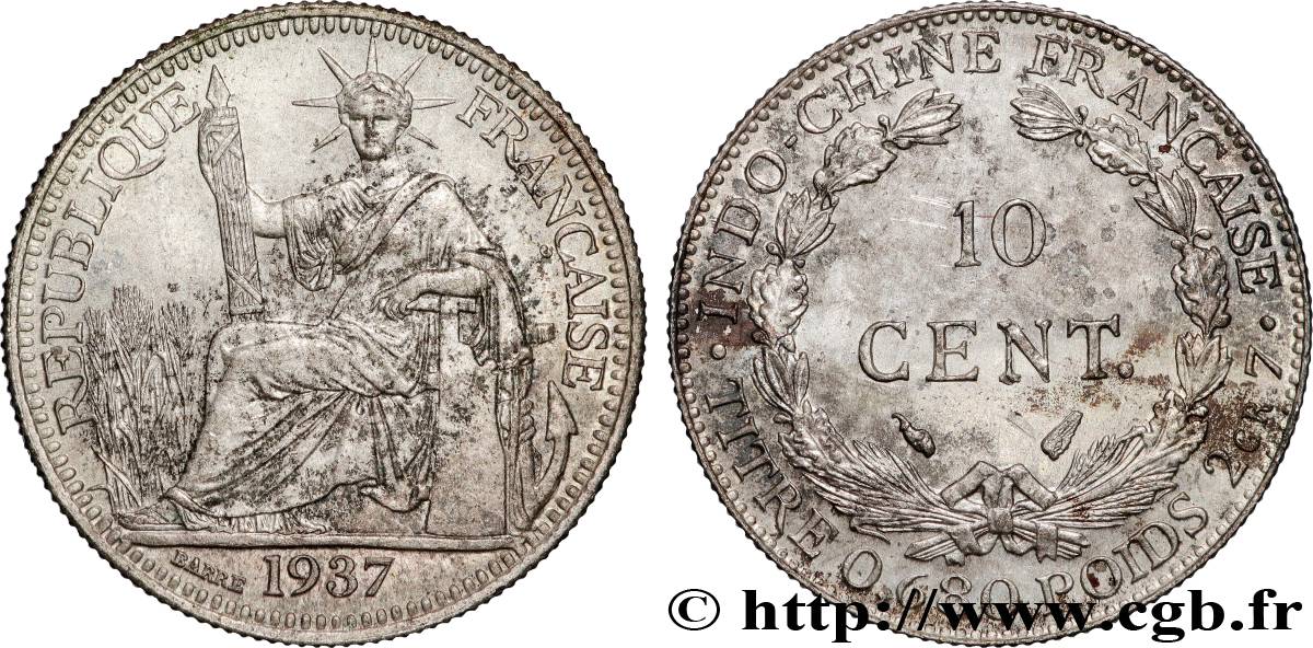 INDOCHINE FRANÇAISE 10 Centièmes 1937 Paris SPL