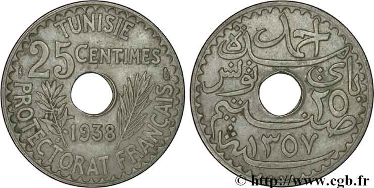 TUNISIE - PROTECTORAT FRANÇAIS 25 Centimes 1938 Paris TTB+ 