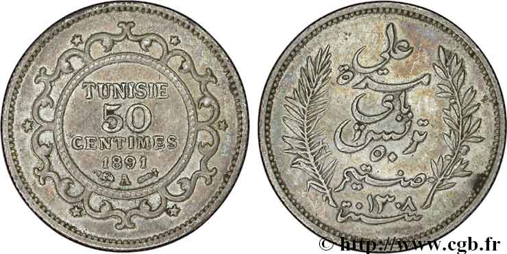 TUNISIE - PROTECTORAT FRANÇAIS 50 Centimes AH 1308 1891 Paris TTB+ 