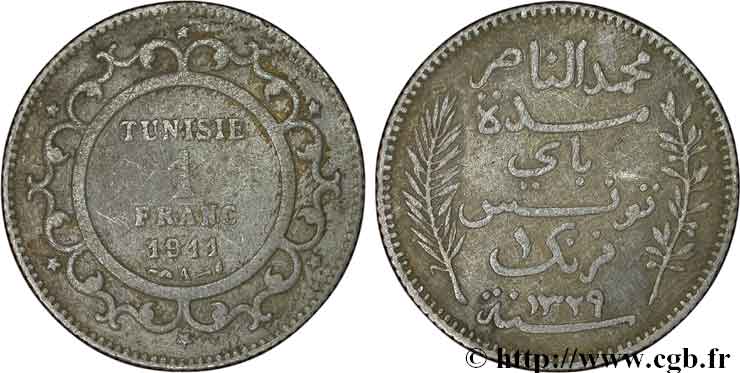 TUNISIA - FRENCH PROTECTORATE 1 Franc AH1329 1911 Paris VF 