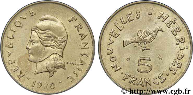 NOUVELLES HÉBRIDES (VANUATU depuis 1980) 5 Francs Marianne / oiseau 1970 Paris TTB 