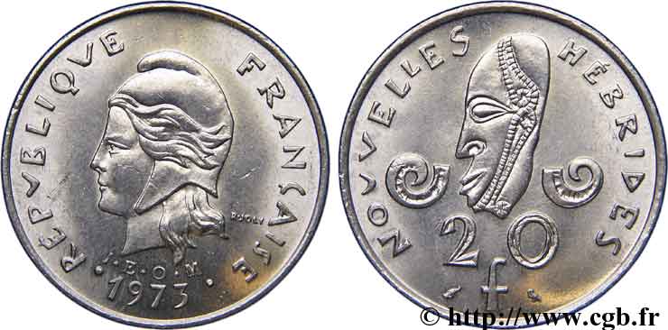 NOUVELLES HÉBRIDES (VANUATU depuis 1980) 20 Francs Marianne / masque 1973 Paris TTB+ 