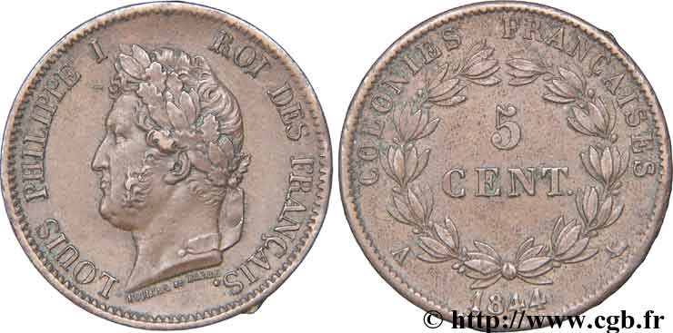 COLONIES FRANÇAISES - Louis-Philippe, pour les Îles Marquises 5 centimes 1844 Paris TTB+ 