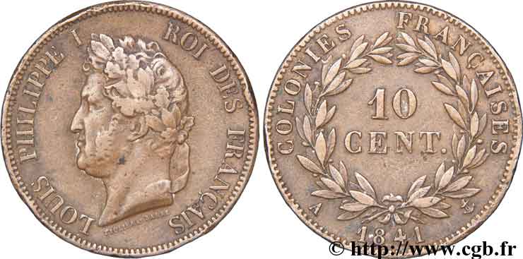 COLONIES FRANÇAISES - Louis-Philippe pour la Guadeloupe 10 centimes 1841 Paris TTB 