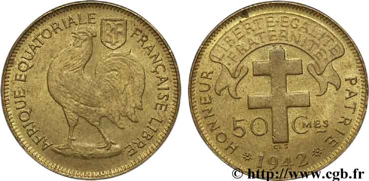 AFRIQUE ÉQUATORIALE FRANÇAISE - FRANCE LIBRE 50 centimes 1942 Prétoria SUP 