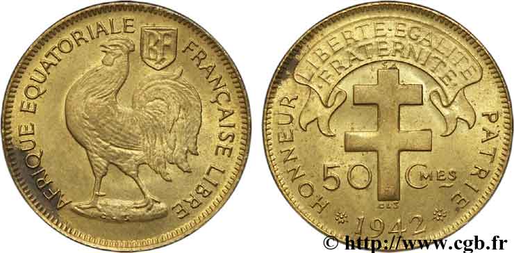 AFRIQUE ÉQUATORIALE FRANÇAISE - FRANCE LIBRE 50 centimes 1942 Prétoria SPL 