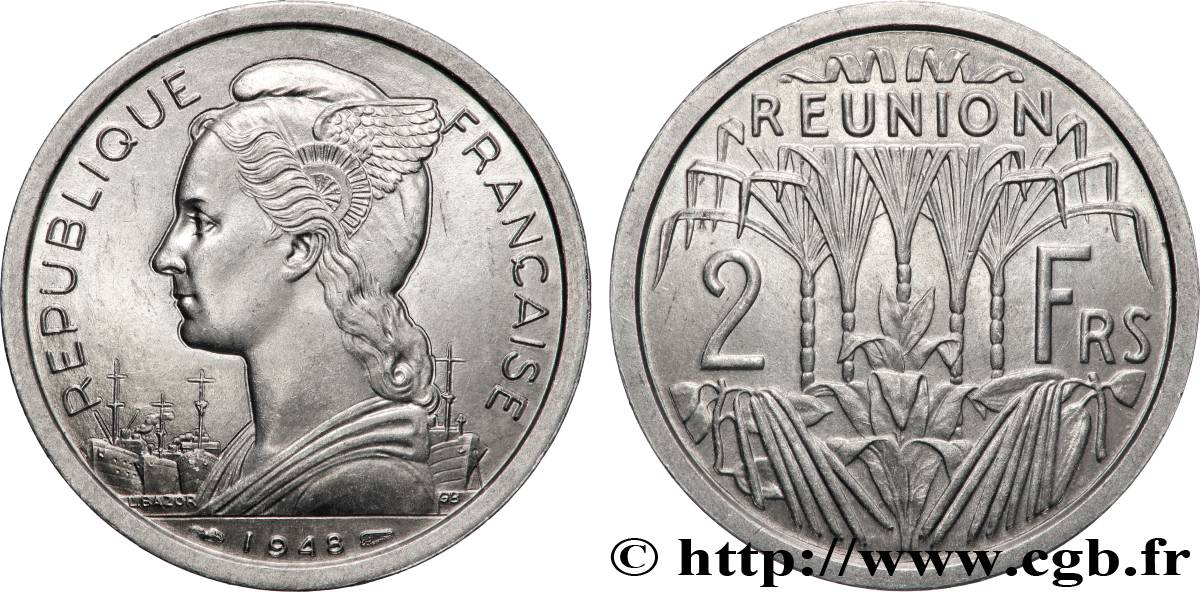 ÎLE DE LA RÉUNION 2 Francs 1948 Paris SPL