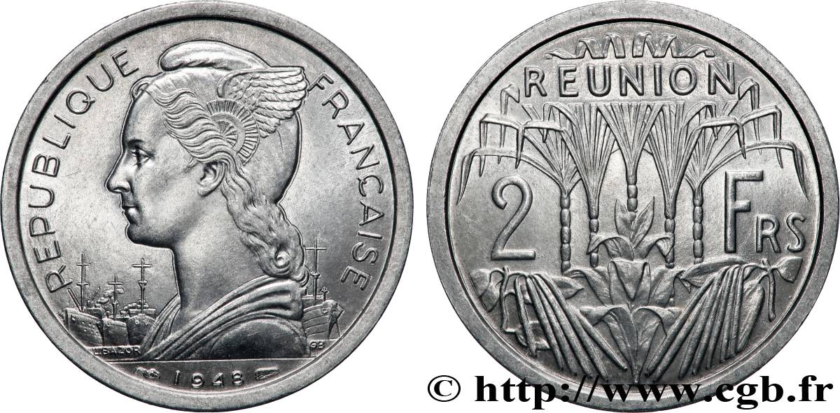 REUNION ISLAND 2 Francs 1948 Paris MS