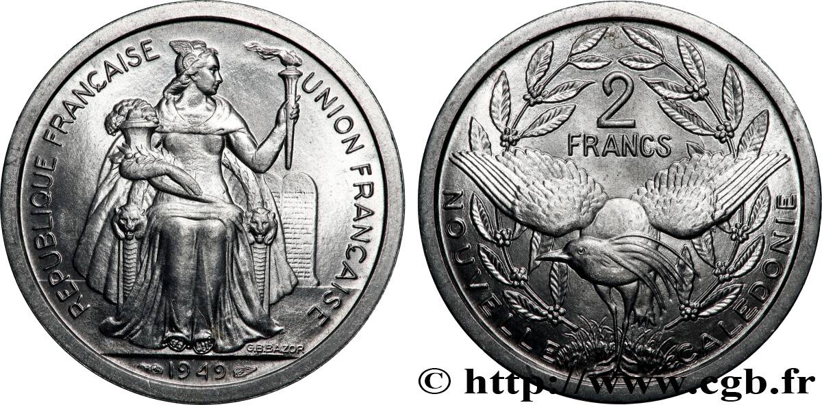 NOUVELLE CALÉDONIE 2 Francs Union Française 1949 Paris SPL