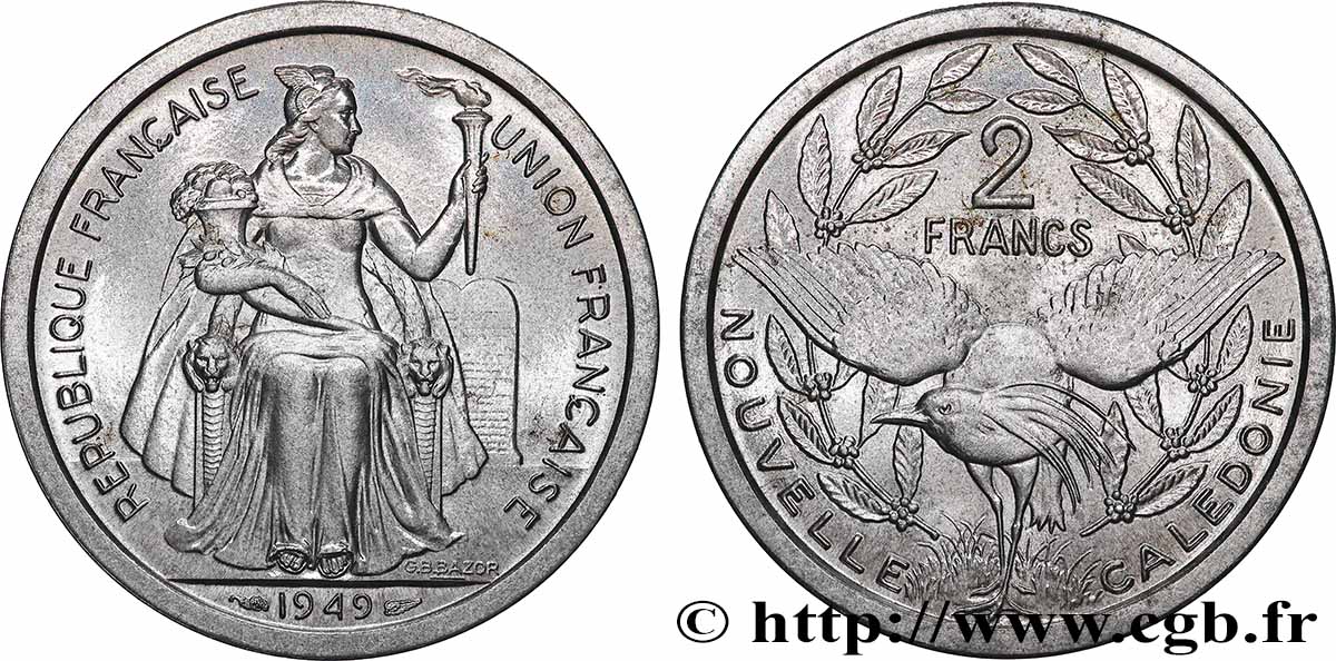 NEUKALEDONIEN 2 Francs Union Française 1949 Paris fST