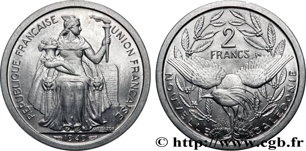 NOUVELLE CALÉDONIE 2 Francs Union Française 1949 Paris SPL