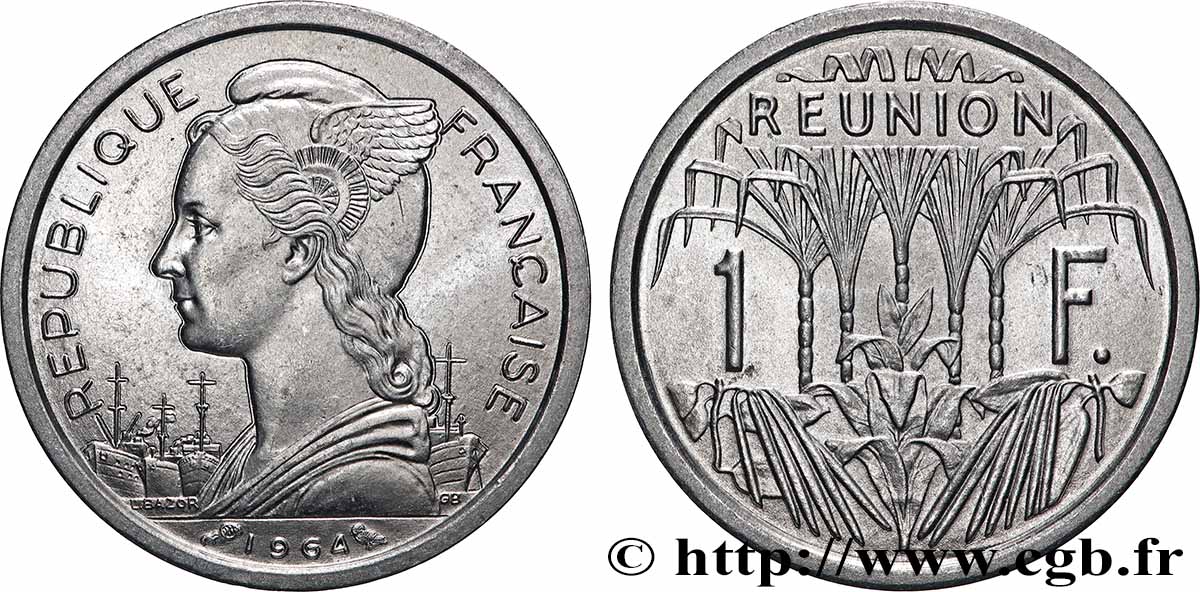 ÎLE DE LA RÉUNION 1 Franc Marianne / canne à sucre 1964 Paris SPL
