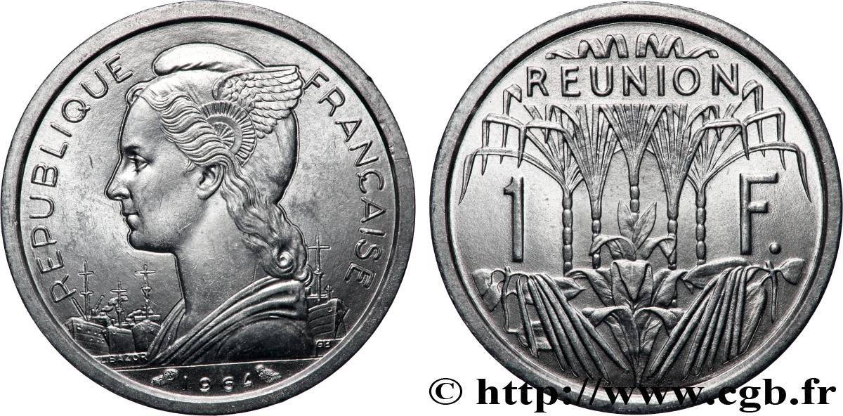 ÎLE DE LA RÉUNION 1 Franc Marianne / canne à sucre 1964 Paris SPL