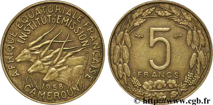 AFRICA EQUATORIALE FRANCESE - CAMERUN 5 Francs 1958 Paris BB 