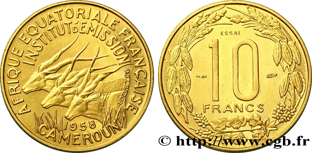 AFRIQUE ÉQUATORIALE FRANÇAISE - CAMEROUN Essai de 10 Francs 1958 Paris TTB+ 
