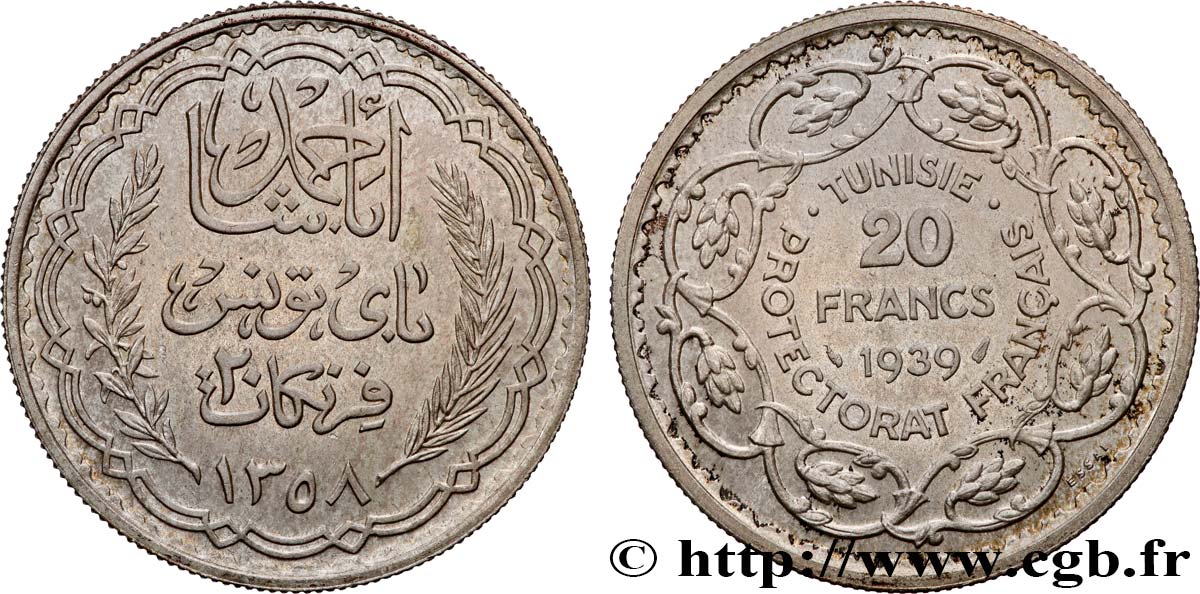 TUNISIA - French protectorate Essai 20 Francs argent au nom de Ahmed Bey AH 1358 1939 Paris MS