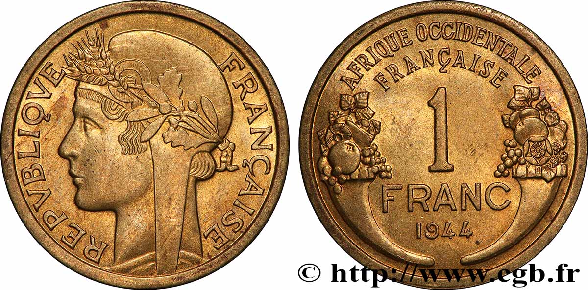 AFRIQUE OCCIDENTALE FRANÇAISE 1 Franc Morlon 1944 Londres SUP