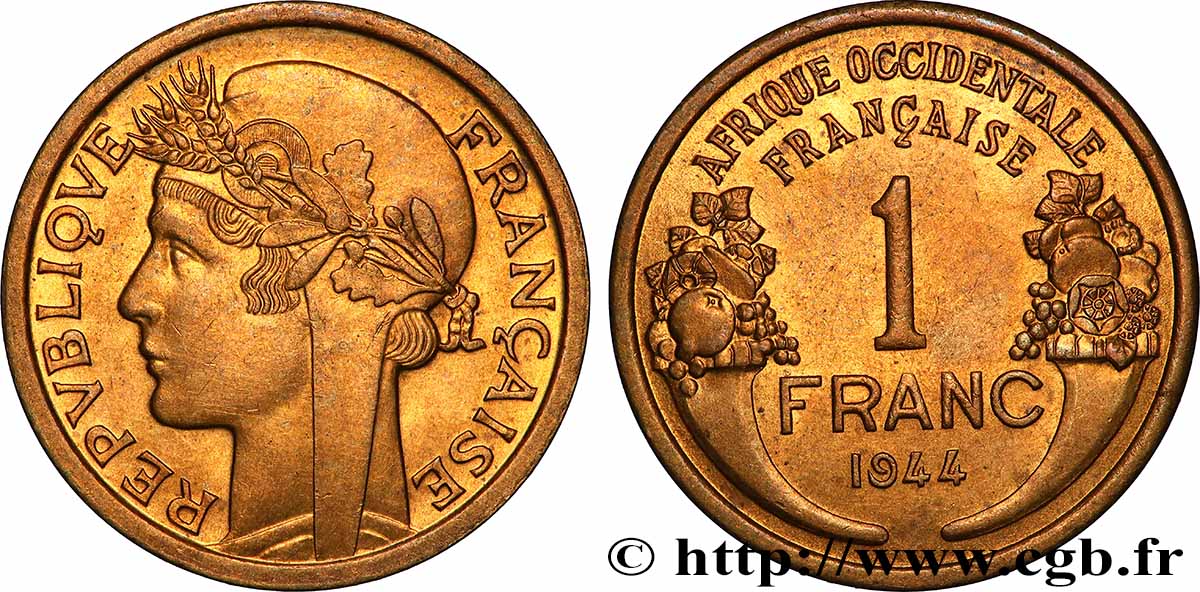 FRANZÖSISCHE WESTAFRIKA 1 Franc Morlon 1944 Londres VZ