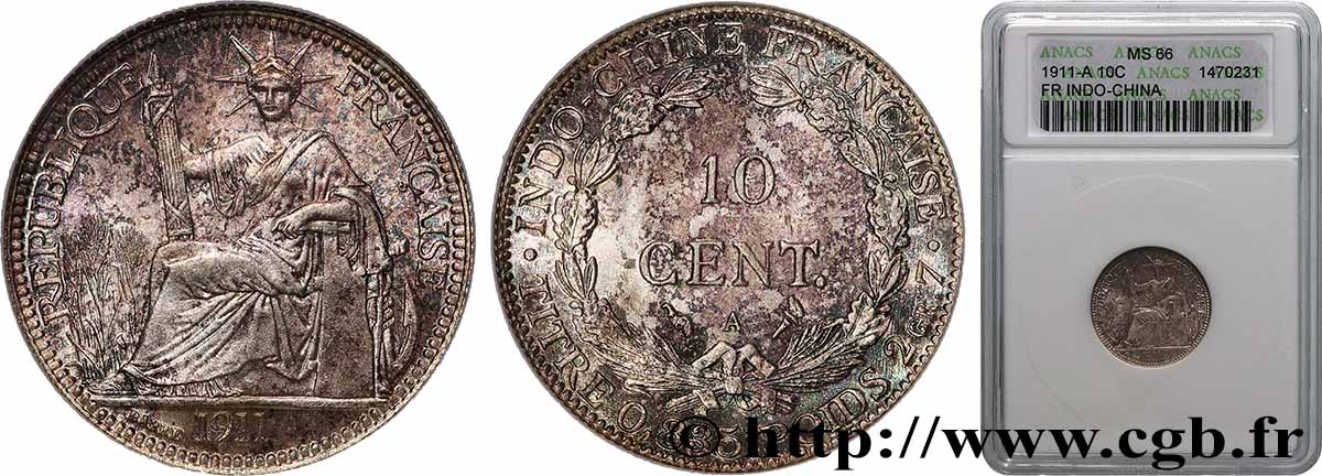 FRENCH INDOCHINA 10 Centièmes 1911 Paris MS66 ANACS