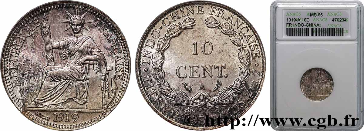 FRENCH INDOCHINA 10 Centièmes 1919 Paris MS65 ANACS