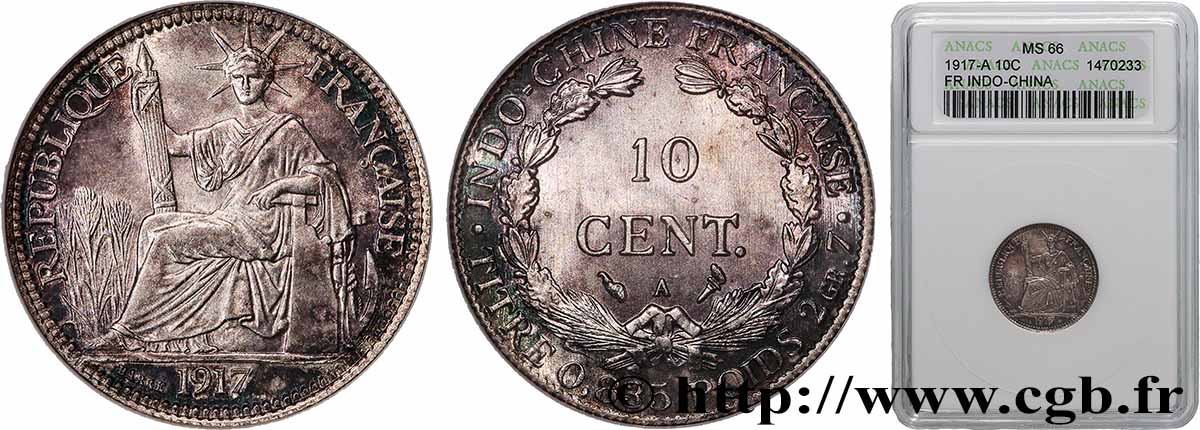 FRENCH INDOCHINA 10 Centièmes 1917 Paris MS66 ANACS