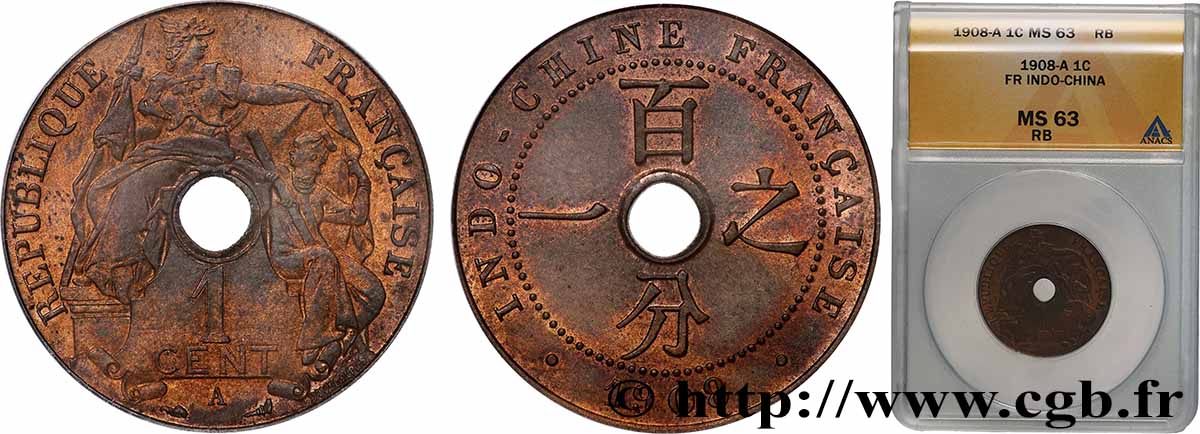 FRENCH INDOCHINA 1 Centième 1908 Paris MS63 ANACS