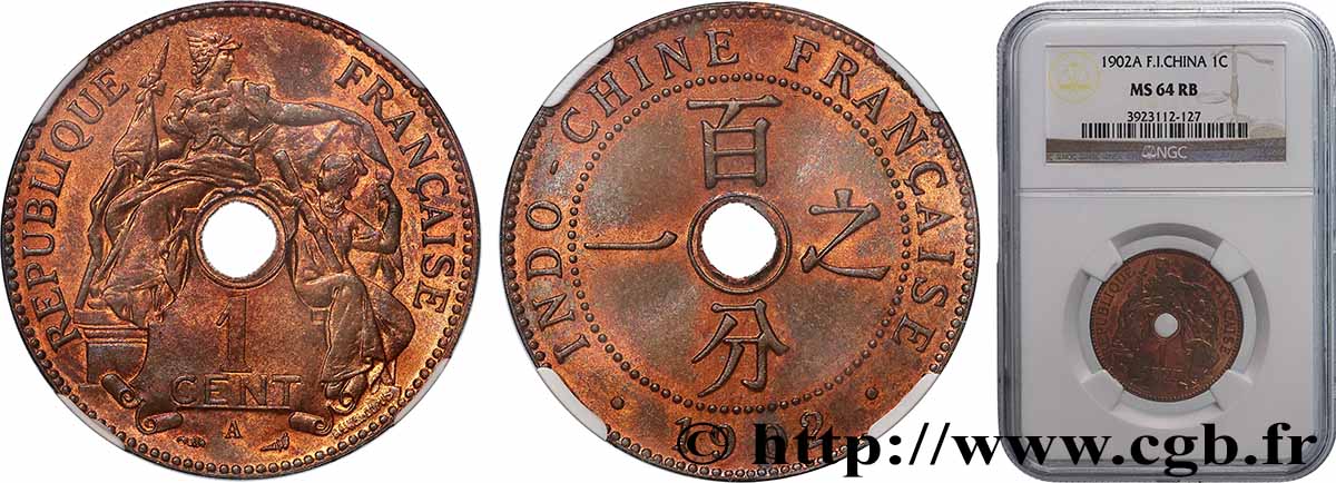 FRENCH INDOCHINA 1 Centième 1902 Paris MS64 NGC