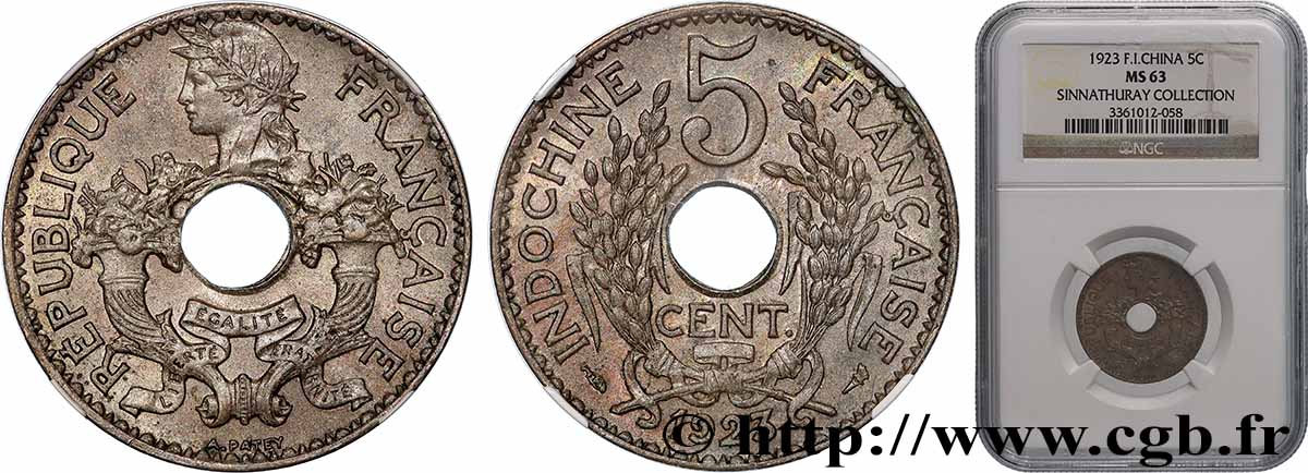 FRENCH INDOCHINA 5 Centièmes 1923 Paris MS63 NGC