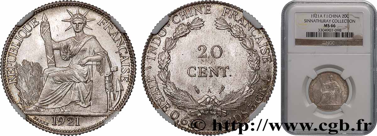 FRENCH INDOCHINA 20 Centièmes 1921 Paris MS66 NGC