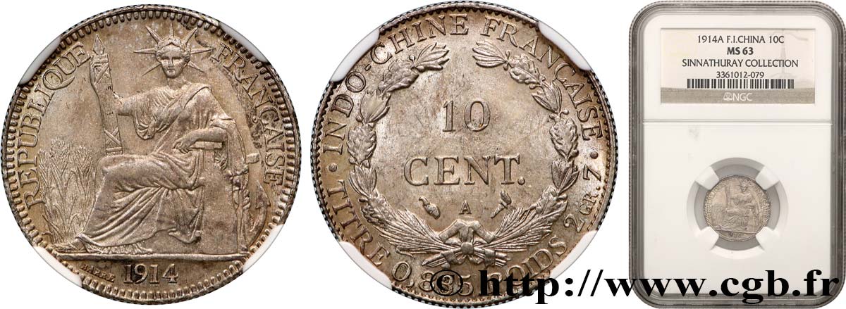 FRENCH INDOCHINA 10 Centièmes 1914 Paris MS63 NGC