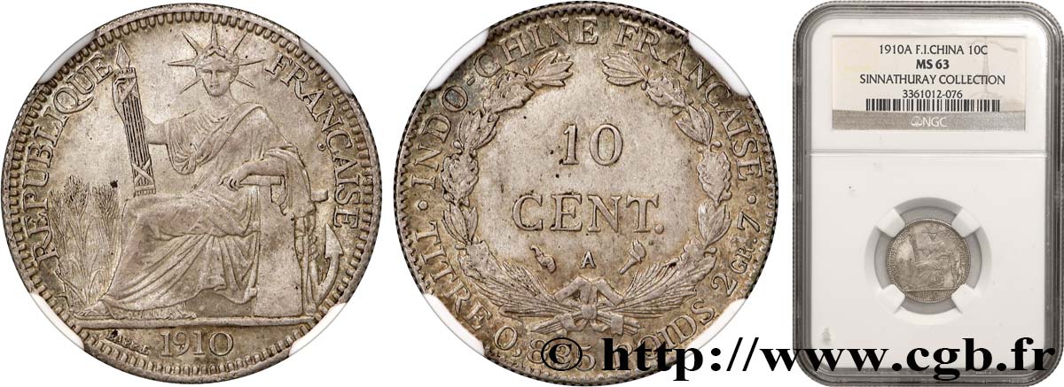 FRENCH INDOCHINA 10 Centièmes 1910 Paris MS63 NGC