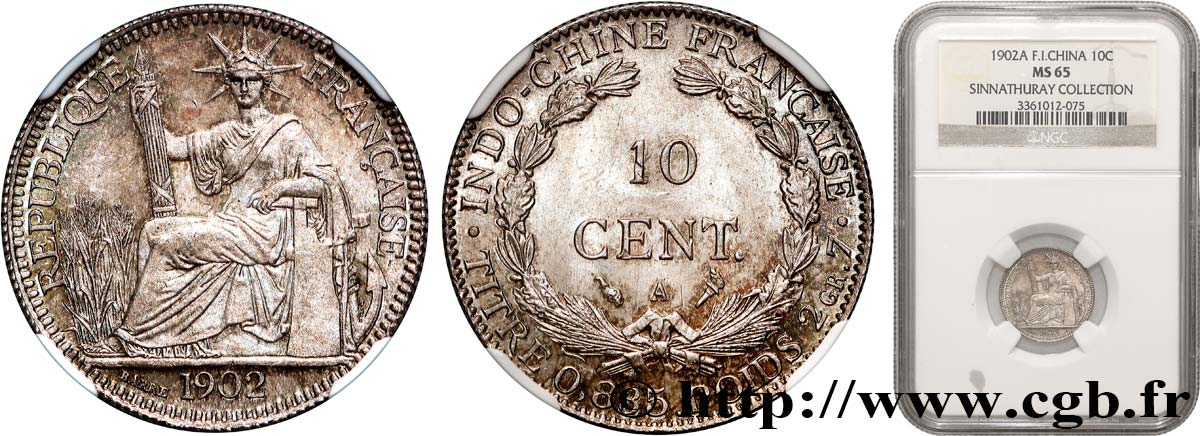 FRENCH INDOCHINA 10 Centièmes 1902 Paris MS65 NGC