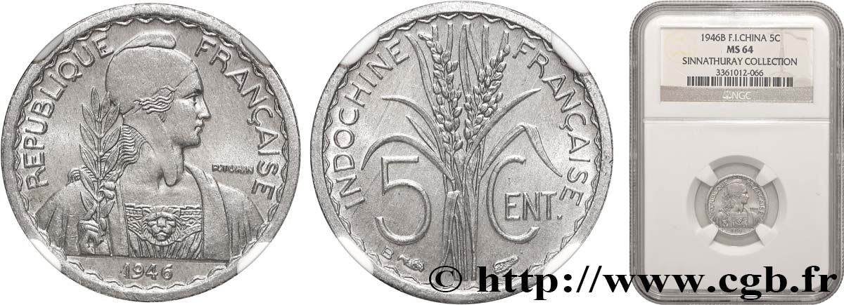 FRENCH INDOCHINA 5 Centièmes 1946 Beaumont-le-Roger MS64 NGC