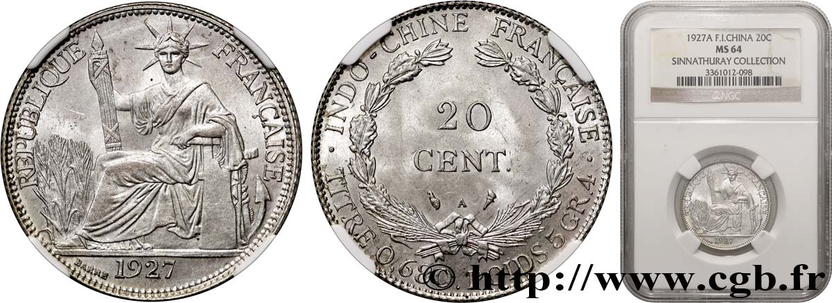 FRENCH INDOCHINA 20 Centièmes 1927 Paris MS64 NGC