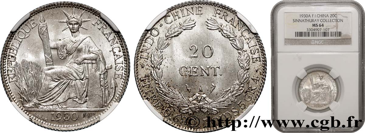 FRENCH INDOCHINA 20 Centièmes 1930 Paris MS64 NGC