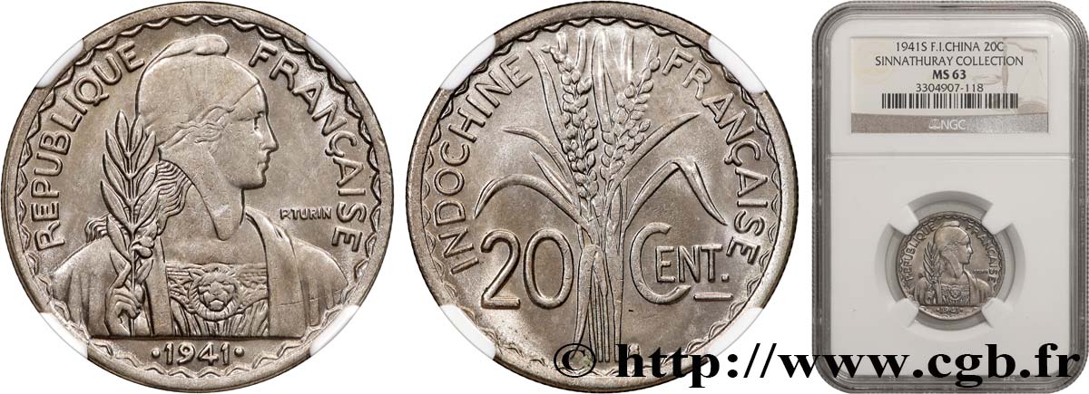 FRENCH INDOCHINA 20 Centièmes 1941 San Francisco MS63 NGC