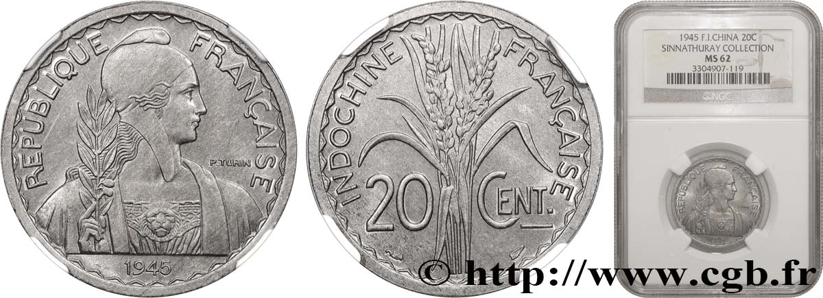 FRENCH INDOCHINA 20 Centièmes 1945 Paris MS62 NGC