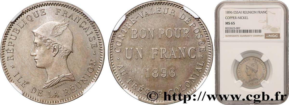 ÎLE DE LA RÉUNION Essai de 1 Franc 1896 Paris FDC65 NGC