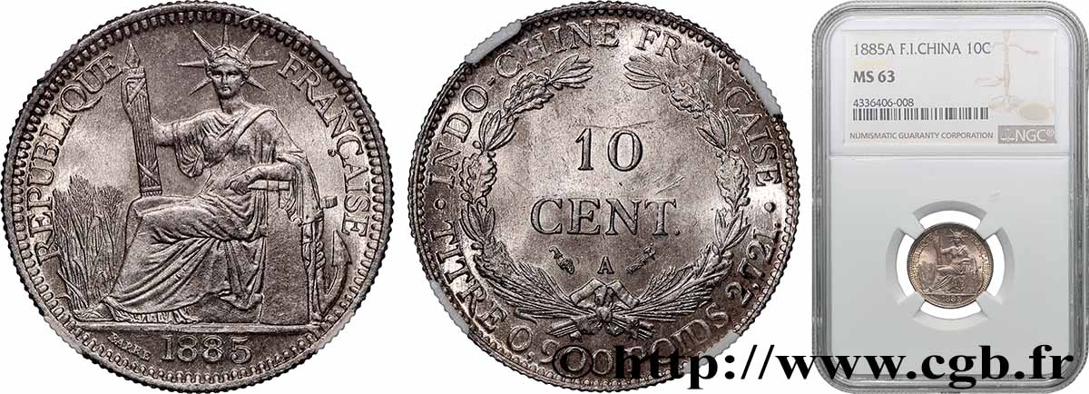 INDOCHINE FRANÇAISE 10 Centièmes 1885 Paris SPL63 NGC