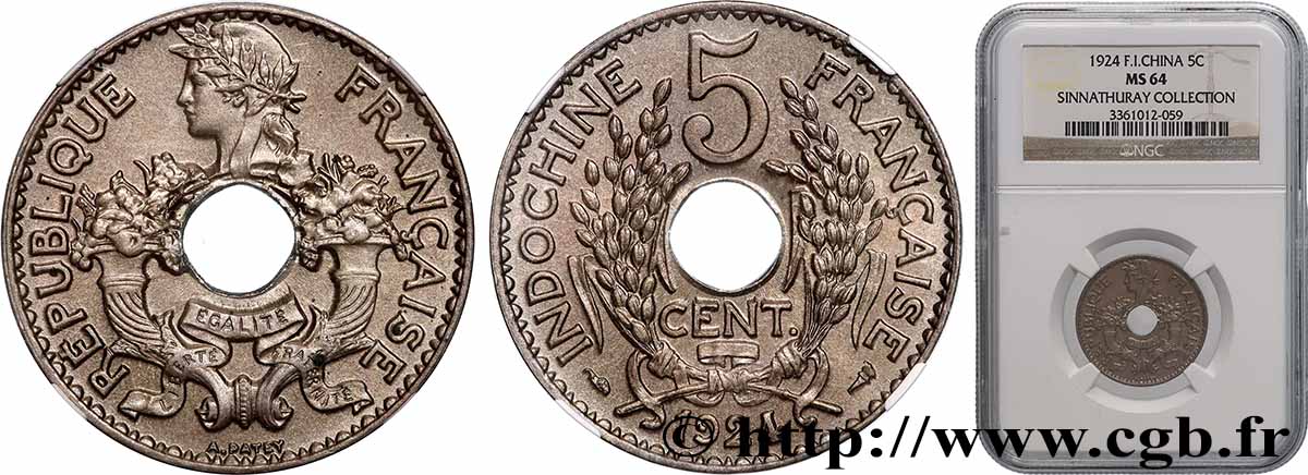 FRENCH INDOCHINA 5 Centièmes 1924 Paris MS64 NGC