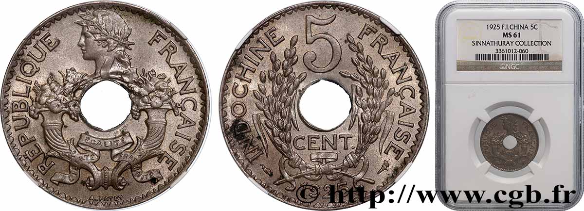 FRENCH INDOCHINA 5 Centièmes 1925 Paris MS61 NGC