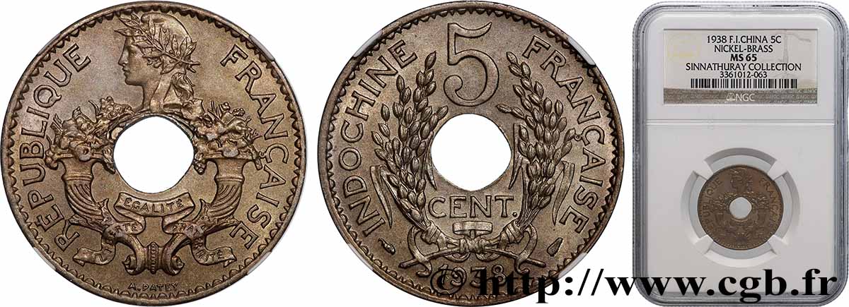 FRENCH INDOCHINA 5 Centièmes 1938 Paris MS65 NGC